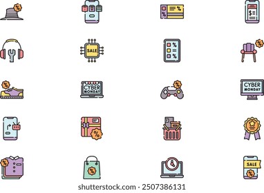 La colección de iconos de Cyber monday es una Ilustración vectorial con trazo editable.