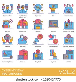 Cyber monday icons including buy 2 get 1 free, mystery item, super sale, clearance, sold out, special offer, exclusive, best seller, early bird, top deals of the day, membership, barcode, wishlist.