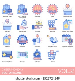 Cyber monday icons including buy 2 get 1 free, mystery item, super sale, sold out, special offer, exclusive, price today, best seller, promotion, early bird, top deals of the day, membership, barcode.