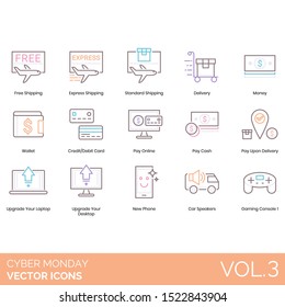Cyber monday icons including free shipping, express, standard, money, wallet, credit debit card, online, cash, pay upon delivery, upgrade your laptop, desktop, new phone, car speakers, gaming console.