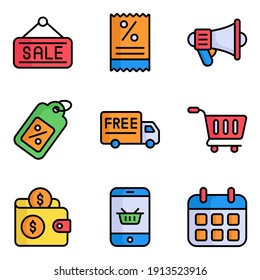 Cyber Montag Symbole Set von E-Commerce und Shopping-verwandte Vektorfarben Linie Symbole.