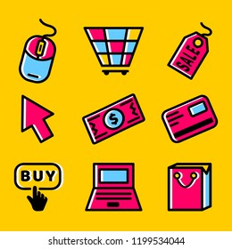 Cyber Monday Icons Set . Vector Icons Web. Holiday online shopping concept on yellow background isolated. Stock Vector Illustration.