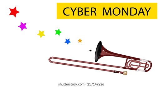 Cyber Monday, An Illustration Brown Color of Vintage Trombone  Blowing A Black Friday Sale Flag, Sign for Start Christmas Shopping Season. 