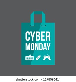 Cyber monday illustration with flat design shopping bag and electronic icons like usb and keyboard.
