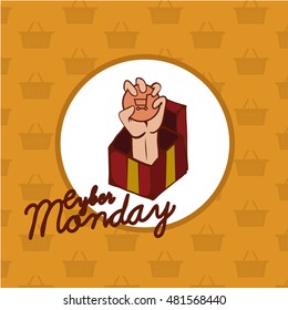 Cyber monday illustration,
hand coming out of a gift box