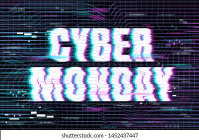 Cyber Monday inscription in distorted glitch style on a black background. Design element for event advertising, branding, shares, promotion. Vector illustration.