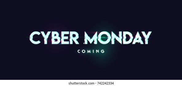 Cyber monday inscription in distorted glitch style on black background. Design element for event advertising, branding, shares, promotion. Vector illustration.