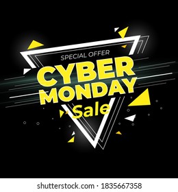 Cyber Monday inscription in motion style on black background. Design element for event advertising, branding, shares, promotion. Vector illustration.