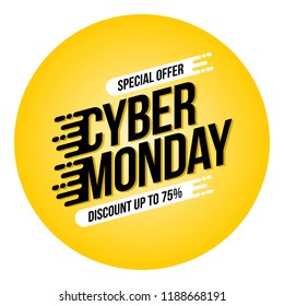 Cyber Monday inscription on yellow circle background, vector banner.
