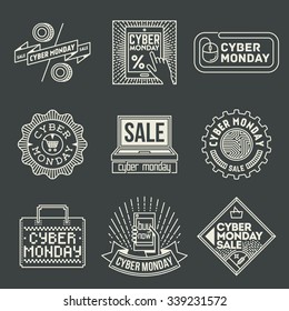 Conjunto de plantillas de logotipos de las insignias de Cyber Monday. Elementos vectoriales de línea.