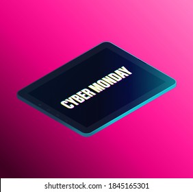 Cyber Monday isometry banner. Realistic isometric black smartphone isolated on dark background. Vector illustration