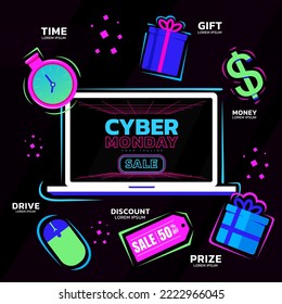 Cyber Monday Item Discount with Neon Design mouse coupon prize currency clock.