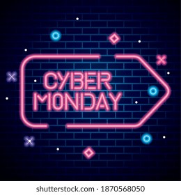 cyber monday in label neon design on bricks background, sale offer ecommerce shopping online theme Vector illustration