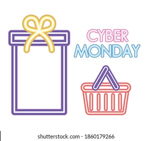 cyber monday lettering, gift box and tray icon in neon style vector illustration design