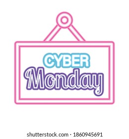 cyber monday lettering in neon font on square vector illustration design