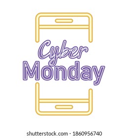cyber monday lettering in neon font with a phone vector illustration design