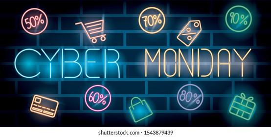 cyber monday lettering neon label and icons vector illustration design