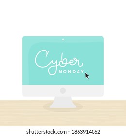 Cyber Monday lettering in screen desktop with mouse pointer. Concept of online shopping, web purchases, digital business, delivery. Vector illustration, flat design