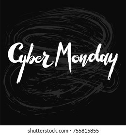 Cyber Monday Lettering, white letters on black textured background. Hand drawn calligraphy. For poster, banner, icon on shopping and discount day