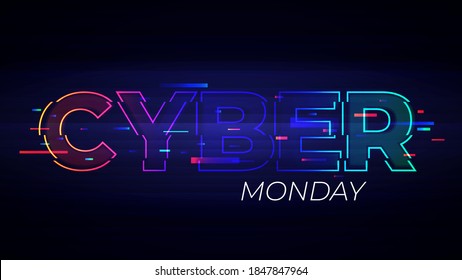 Cyber Monday Light Background. Vector Illustration Of Abstract Glowing Neon Colored Text With Glitch Effect Over Dark Background For Your Design
