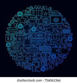 Cyber Monday Line Circle Concept. Vector Illustration of Shopping Sale Objects.