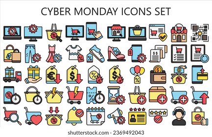 Cyber Monday lineal multi color icons set, contain online shopping, discounts, and e-commerce promotions. use for modern concept, UI or UX kit, web and app development. vector EPS 10.