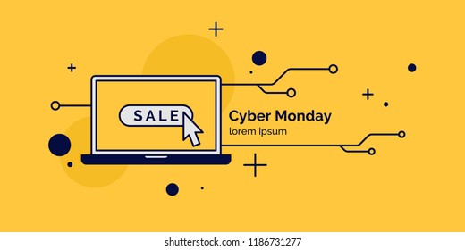 Cyber Monday. Linear minimalistic illustration for sale on yellow background. Vector graphics.