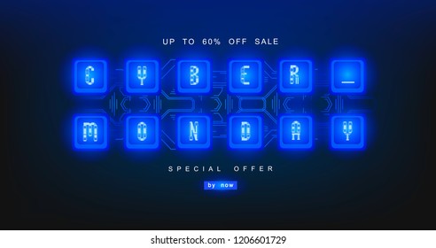 Cyber monday, mechanical panel letters. Typography, font. Digital author font, cyber font. Big sale, creative template.
