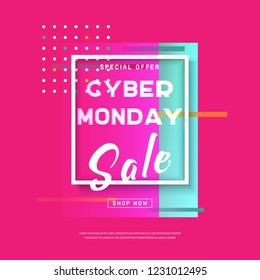 Cyber Monday media banner in modern neon abstract style. Promotion online retailers, exceptional bargains. Online shopping Poster. Advertisement of sales rebates of cyber Monday. Vector illustration