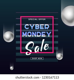 Cyber Monday media concept banner in modern neon style. Abstract fluid holography shape for web e-mail promotion. Online sale poster, concept design. Business offer cyber Monday. Vector illustration