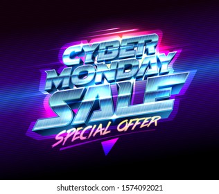 Cyber monday mega sale, massive discounts, vector illustration 80's years style