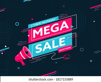 Cyber Monday Mega Sale Poster Design mit Maus und Lautsprecher auf Teal Abstraktem geometrischem Hintergrund.