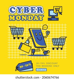 cyber monday with mobile phone cartoon shopping and holding shopping bag vector illustration.