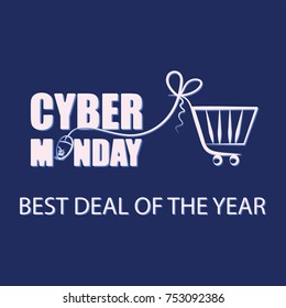 Cyber Monday. Mouse for PC and shopping cart on a dark background. Sale. Background for BEST DEAL OF THE YEAR. Banner, poster, emblem, for Cyber Monday with a shopping cartfor the website or for print