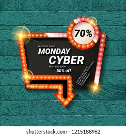 Cyber Monday movie style banner on wooden background