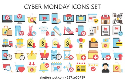 Cyber Monday multi color icons set, contain online shopping, discounts, and e-commerce promotions. use for modern concept, UI or UX kit, web and app development. vector EPS 10.