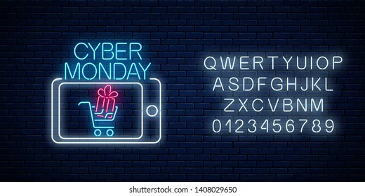 Cyber monday neon advertising banner of mobile app sale with alphabet on dark brick wall background. Discounts and sales in smartphone application Vector illustration