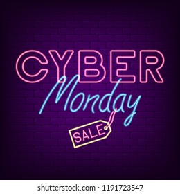 Cyber Monday neon banner. Bright neon advertising night signboard for sale of cyber monday. Vector illustration.