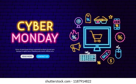 Cyber Monday Neon Banner Design. Vector Illustration of Shopping Sale Promotion.