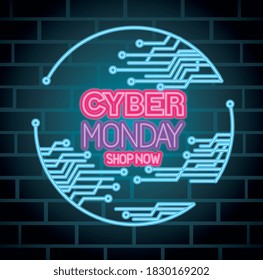 cyber monday neon with circuit design, sale ecommerce shopping online theme Vector illustration