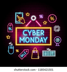 Cyber Monday Neon Concept. Vector Illustration of Shopping Sale Promotion.