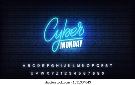 Cyber Monday neon. Glowing lettering sign for online sale discount promotion