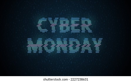 Cyber Monday neon inscription in a distorted style on a background with numbers. Advertising or design element.