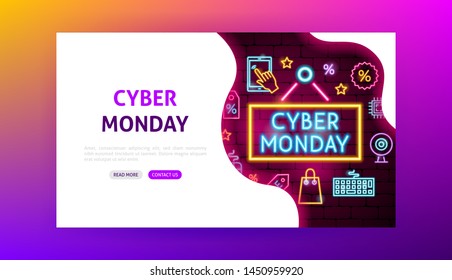 Cyber Monday Neon Landing Page. Vector Illustration of Shopping Promotion.