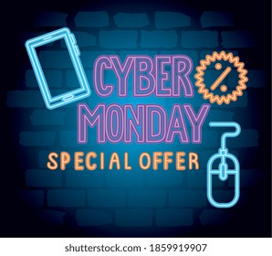 cyber monday neon lettering with mouse and smartphone vector illustration design