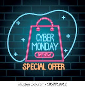 cyber monday neon lettering with shopping bag vector illustration design