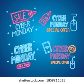 cyber monday neon letterings in blue background vector illustration design