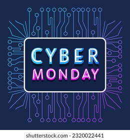 Cyber monday neon pink and blue promotion banner. Vector decorative typography. Decorative typeset style. Latin script for headers. Trendy advertising for graphic posters, banners, invitations texts