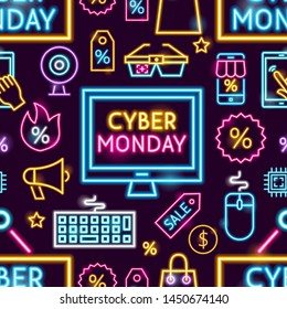 Cyber Monday Neon Seamless Pattern. Vector Illustration of Shop Promotion.