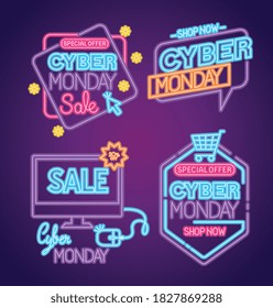 cyber monday neon set icons design, sale ecommerce shopping online theme Vector illustration